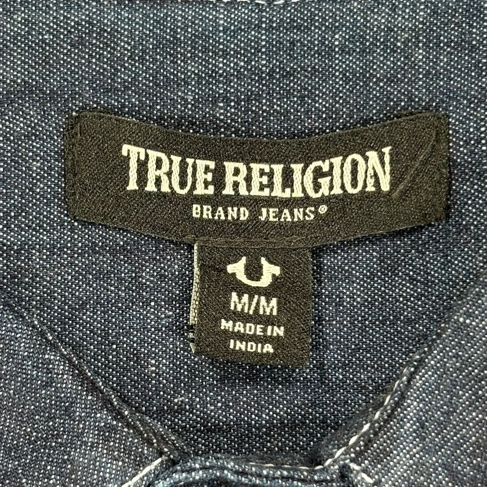 True Religion Denim Western Shirt Mens M Dark Wash Blue Indigo Pearl Snap Logo